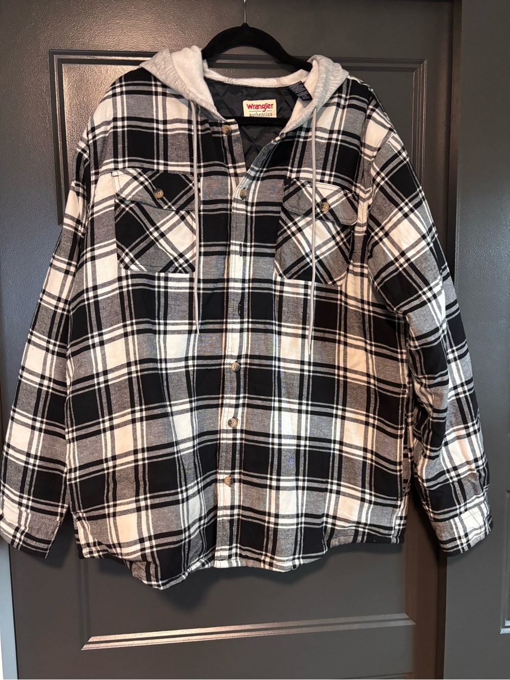 Wrangler Black & White Plaid Hooded Button-Down Shirt